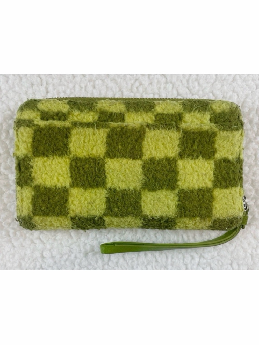 Fuzzy Faux Sherpa Green Checker Print Zippered Wristlet Wallet